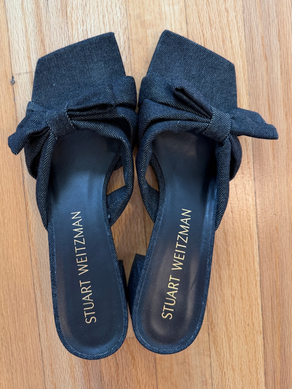 Stuart Weitzman Dark Denim Knotted Square-Toe Sandals with Block Heel